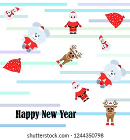 Christmas card, Santa snowman deer bear bag, vector background