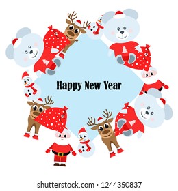 Christmas card, Santa snowman deer bear bag, vector background