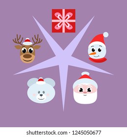Christmas card, Santa snowman deer bear bag, vector background