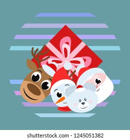 Christmas card, Santa snowman deer bear bag, vector background