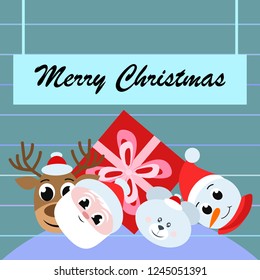 Christmas card, Santa snowman deer bear bag, vector background