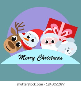 Christmas card, Santa snowman deer bear bag, vector background