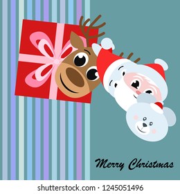 Christmas card, Santa snowman deer bear bag, vector background
