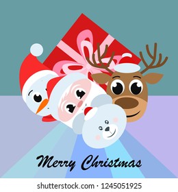 Christmas card, Santa snowman deer bear bag, vector background