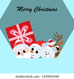 Christmas card, Santa snowman deer bear bag, vector background