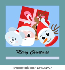 Christmas card, Santa snowman deer bear bag, vector background