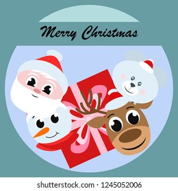 Christmas card, Santa snowman deer bear bag, vector background