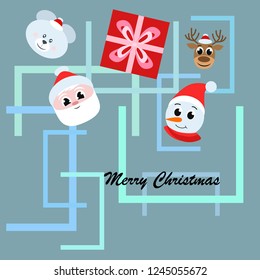 Christmas card, Santa snowman deer bear bag, vector background