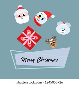 Christmas card, Santa snowman deer bear bag, vector background