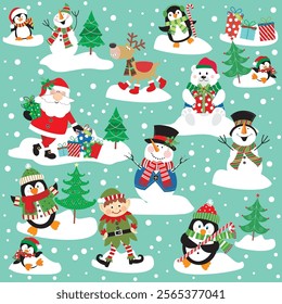 Christmas card with Santa, snowman, penguin, reindeer and elf