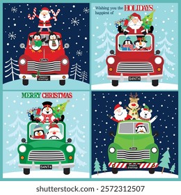 Christmas card with Santa, snowman, penguin and reindeer on the truck