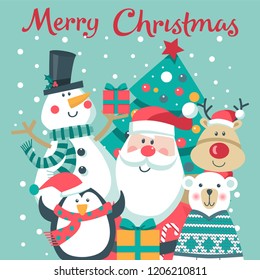 Christmas card with Santa, snowman, polar bear and penguin. 