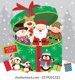 Christmas card with santa, snowman, reindeer and elf in the box