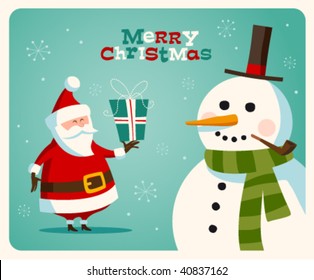 Christmas card with Santa and snowman. Vector. Editable