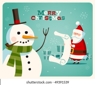 Christmas card with Santa and snowman. Vector. Editable