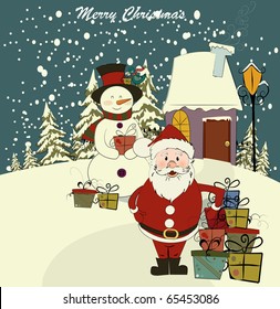 Christmas card with Santa and snowman. Vector. Editable