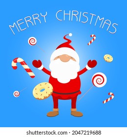 Christmas card. Santa and sweets. Vector illustration. 