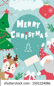 Christmas card with Santa, Christmas tree and deer,vector illustration