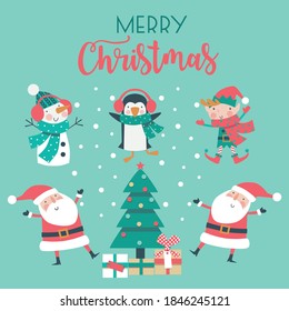 Christmas card with Santa, tree, penguin, elf and snowman. 