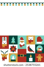 Christmas Card with Santa, Winter Animals, and Holiday Icons on White Background Vector Illustration