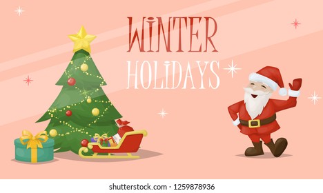 Christmas card santa xmas decoration holiday vector illustration. Merry christmas surprise greeting background.