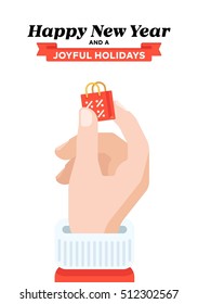 Christmas card with Santa's hand holding shopping bag. Flat design. Christmas traditional decoration elements for greeting card, banners, websites, infographics.