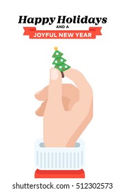 Christmas card with Santa's hand holding fir tree. Flat design. Christmas traditional decoration elements for greeting card, banners, websites, infographics.