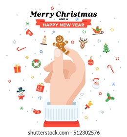 Christmas card with Santa's hand holding gingerbread. Flat design. Christmas traditional decoration elements for greeting card, banners, websites, infographics.