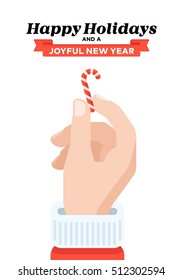 Christmas card with Santa's hand holding candy cane. Flat design. Christmas traditional decoration elements for greeting card, banners, websites, infographics.