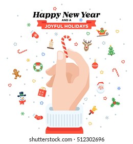Christmas card with Santa's hand holding candy cane. Flat design. Christmas traditional decoration elements for greeting card, banners, websites, infographics.
