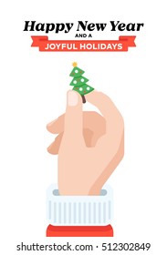 Christmas card with Santa's hand holding fir tree. Flat design. Christmas traditional decoration elements for greeting card, banners, websites, infographics.