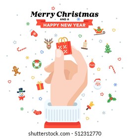 Christmas card with Santa's hand holding shopping bag. Flat design. Christmas traditional decoration elements for greeting card, banners, websites, infographics.