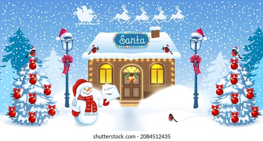 Christmas card with Santa's workshop home, Snowman with wish list and streetlamp against winter forest background and reindeer team.