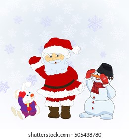 Christmas card with Santa,snowman and rabbit