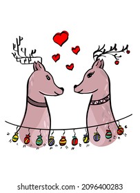 Christmas card with a Scandinavian deer. Christmas and love concept. Children's cute illustration. Vector.