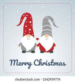 Christmas card with Scandinavian gnomes couple. Happy cute little gnomes in red and grey hats, holding hands, snow in the background, Merry Christmas text. Vector illustration 