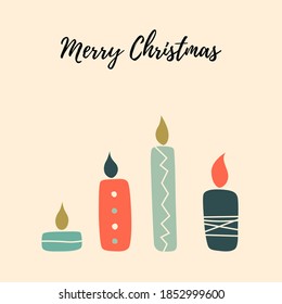 Christmas card in Scandinavian style. Christmas candles. Inscription Merry Christmas. Winter illustration for postcard, poster, invitation, postcard. Nice and simple illustration.