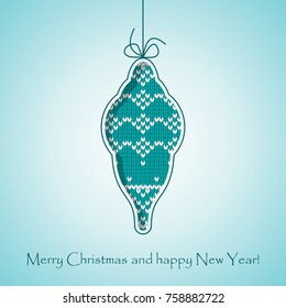 Christmas card scandinavian style. Flat vector cartoon illustration. Knitted pattern with fair isle ornament on light blue bckground with snowflakes and decorations for new year and Xmas.