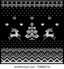 Christmas card in scandinavian style. Flat vector cartoon illustration. Knitted pattern with fair isle ornament on red background with reindeer, snowflakes and decorations for new year and Xmas.
