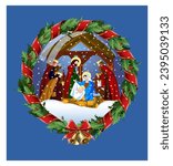 Christmas card with a scene of the Nativity of Christ. Vector illustration