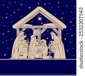 A Christmas card with a scene of the Nativity of Christ and the adoration of the Magi in a linear style on a blue background. Vector illustration