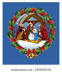 Christmas card with a scene of the Nativity of Christ. Vector illustration