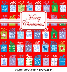 Christmas card. seamless background of gift boxes with different pattern. Vector Illustration