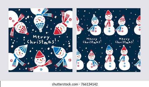 Christmas card and seamless pattern with cute snowmen. Background for gift wrap, textile, wallpapers and scrapbook. Happy New Year 2018. Doodles, sketch for your design. Vector.