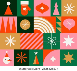 Christmas card and seamless pattern in modern minimalist geometric style. Merry Christmas colorful illustration in flat cartoon style. Xmas backgrounds with vector geometric patterns, stars