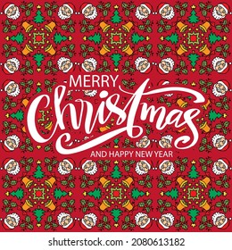 Tarjeta de Navidad con un patrón impecable con Santa Claus y decoración navideña.