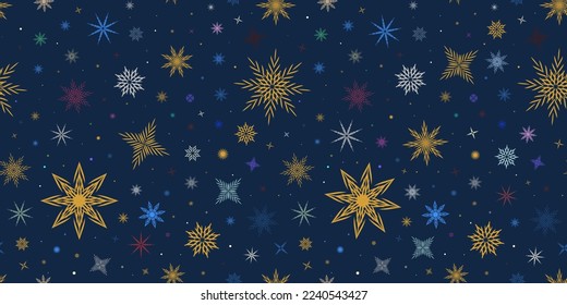 Christmas card. Seamless pattern with snowflakes and stars on a dark blue background. Holiday banner. Design mockup. New year texture. Festive concept. Paper template.