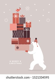 Christmas Card, Seasons greetings, Big polar bear with bigs gifts	
