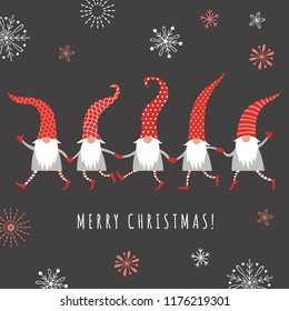 Christmas Card, Seasons greetings , cute Christmas gnomes in red hats