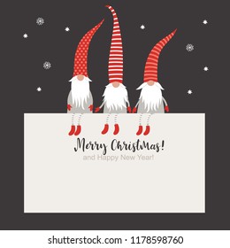 Christmas Card, Seasons greetings , cute Christmas gnomes in red striped hats